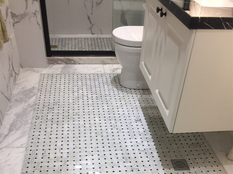 Dub Thiab Dawb Thassos Marble Basketweave Mosaic Phab Ntsa & Pem Teb Pobzeb (8)