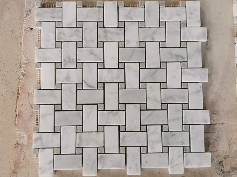 Carrara Mosaic Pobzeb Chav Dej Floor Basketweave Dawb Marble Mosaic (5)