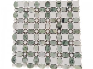 ការរចនាបែបទំនើប ពណ៌ស និងបៃតង Waterjet ថ្មម៉ាប Mosaic Lily Flower Tile (1)