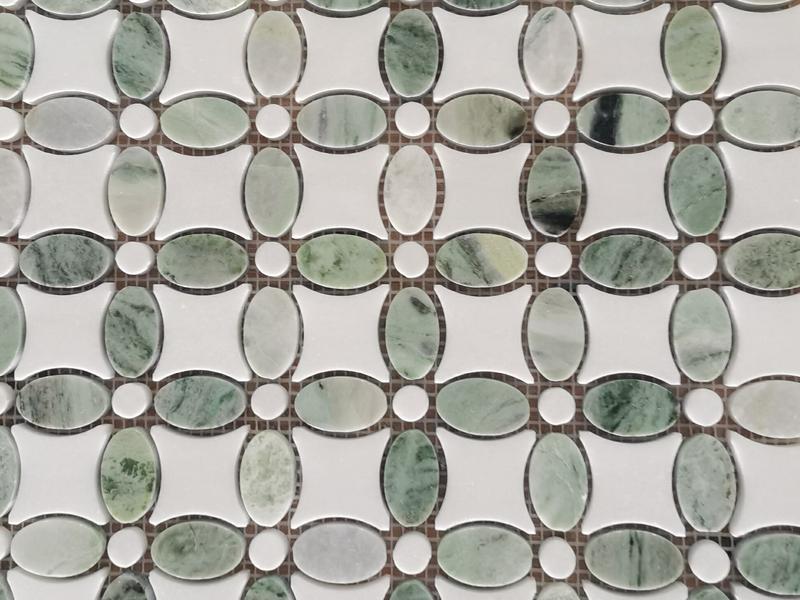 Modernaus dizaino baltos ir žalios vandens srovės marmurinės mozaikinės lelijos gėlių plytelės (2)