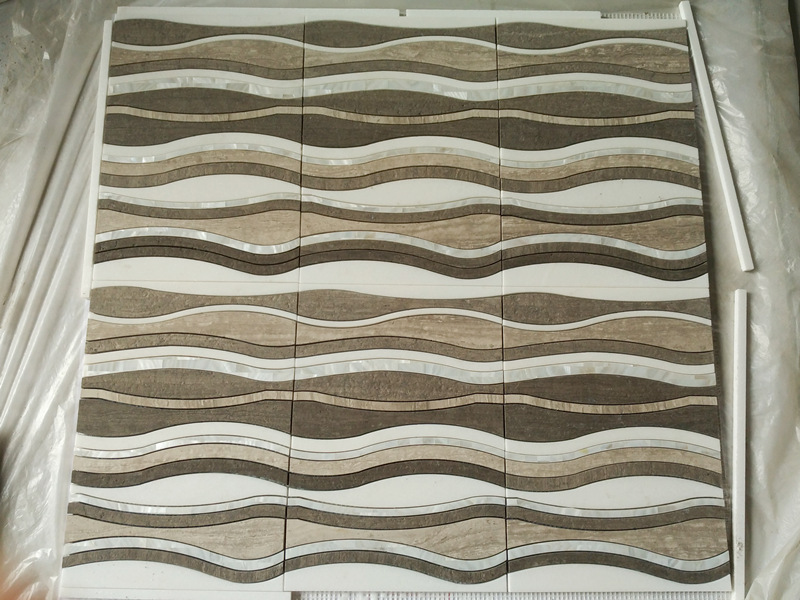 Desain Tembok Modern Coklat Waterjet Pola Wavy Marmer Genteng Mosaic (4)