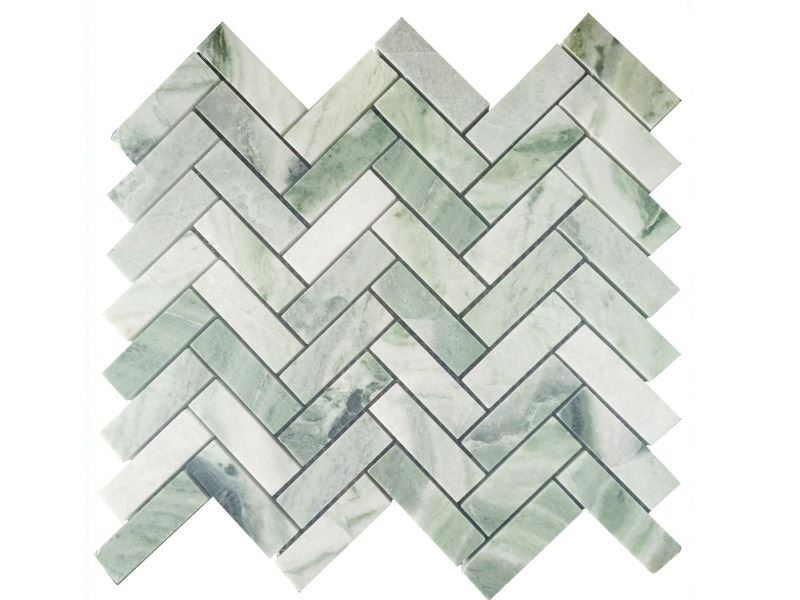 Azulejo de mosaico de mármore espinha de peixe verde natural para mosaico de parede e mosaico de piso de banheiro