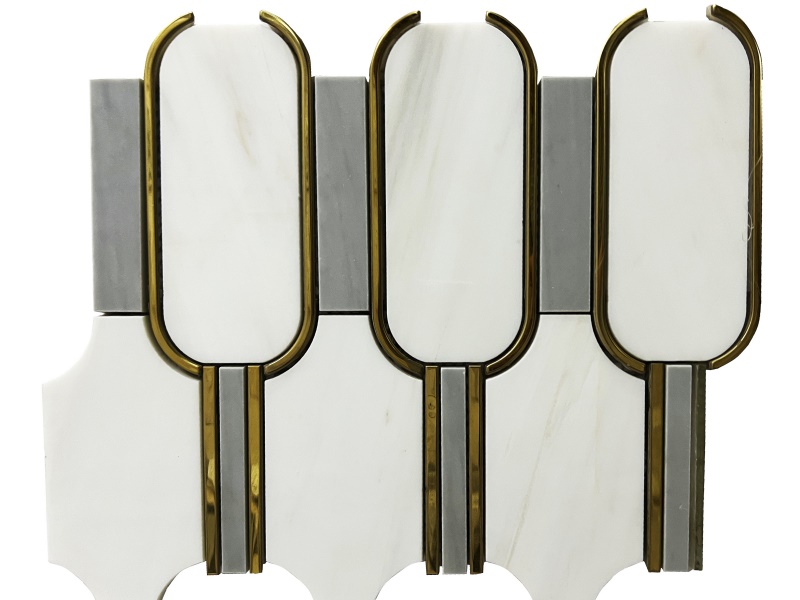 Bagong Arrival Oval brass Inlay White Tictax Marble Mosaics Tile (1)