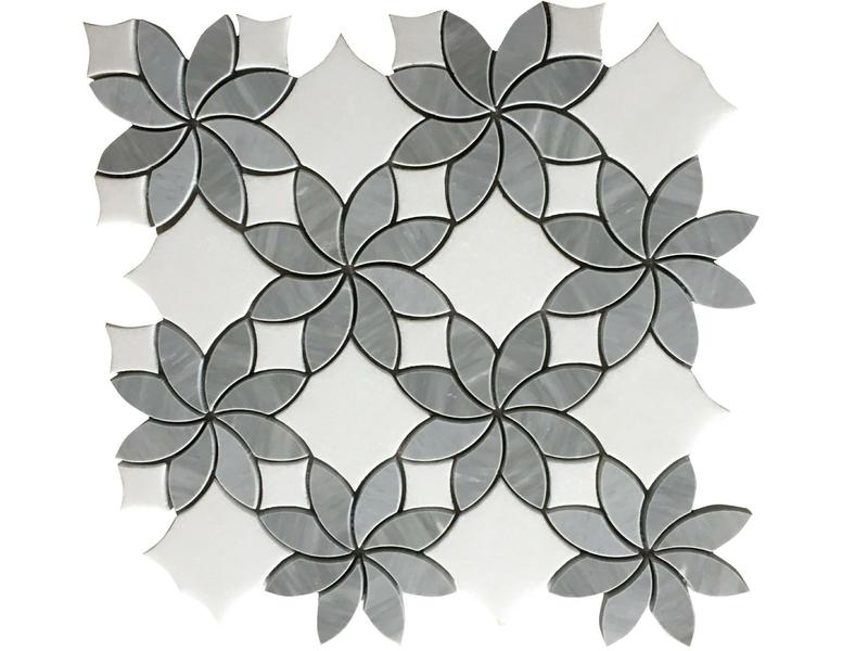 Vodným lúčom Mramorová kvetinová mozaika sivá a biela mozaika (1)