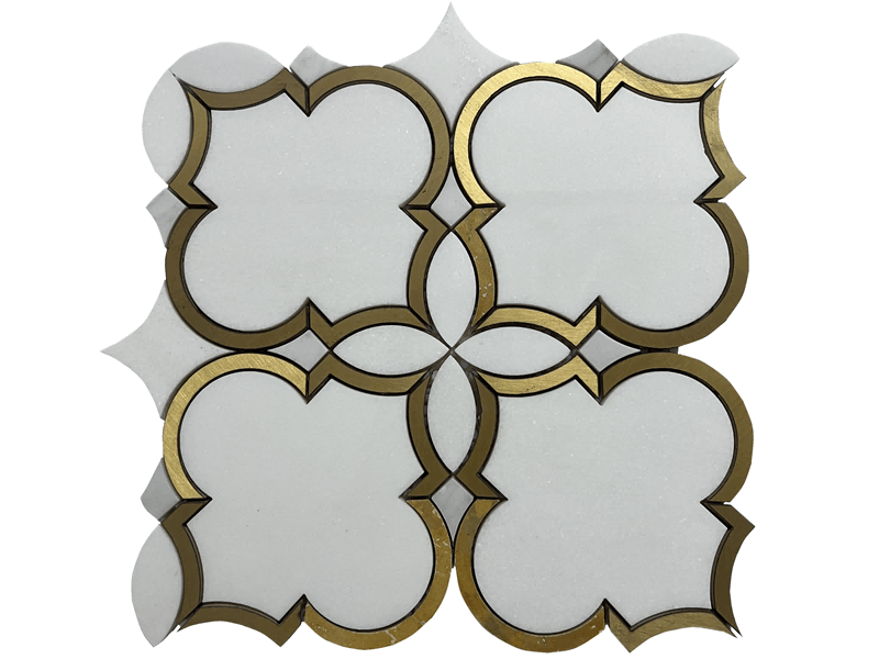 Waterjet marmurinė mozaikinė balta plytelė su žalvario įklotu sienų grindims (1)