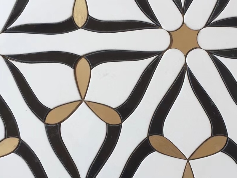 Бело-черная мраморная мозаика водоструйной печати с латунной инкрустацией плитки (2)