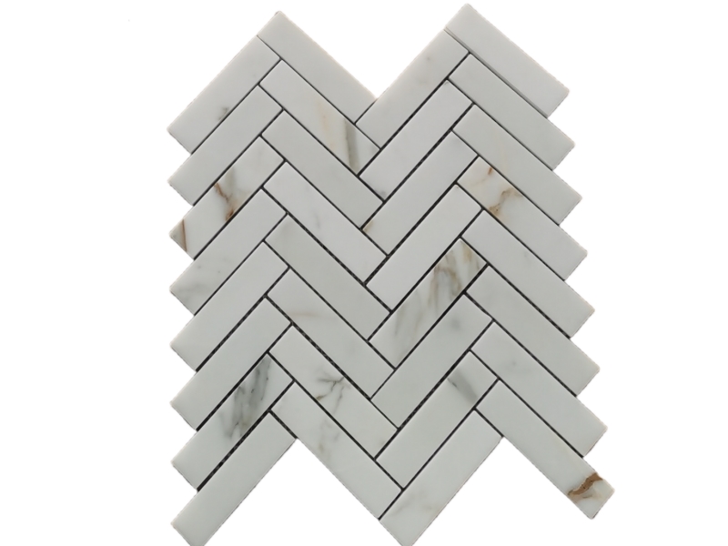 Ụlọ ọrụ Calacatta Herringbone Marble Mosaic Tile Company (2) na-ere ahịa.