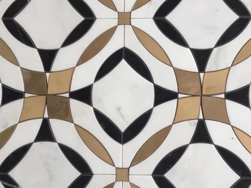 Pakyawan na Waterjet Mosaic na May Brass Inlay Marble Tile Backsplash (1)