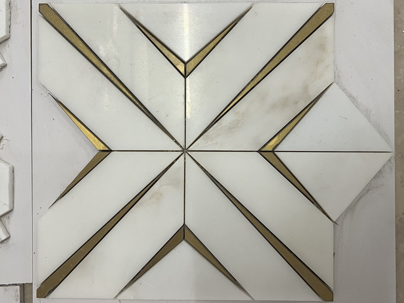 Inlay Brass Gold Calacatta Marble Tile Diamond Mosaic For Wall Decor (2)