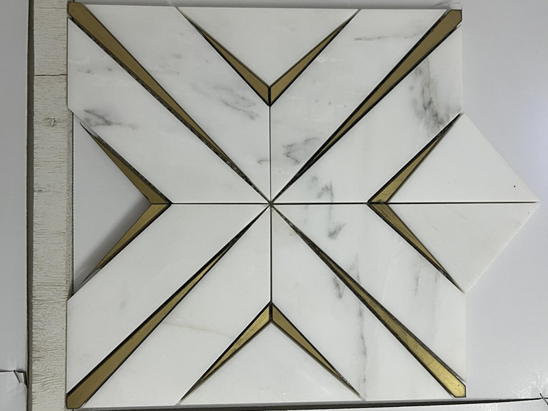 Inlay Brass Gold Calacatta Marble Tile Diamond Mosaic For Wall Decor (4)