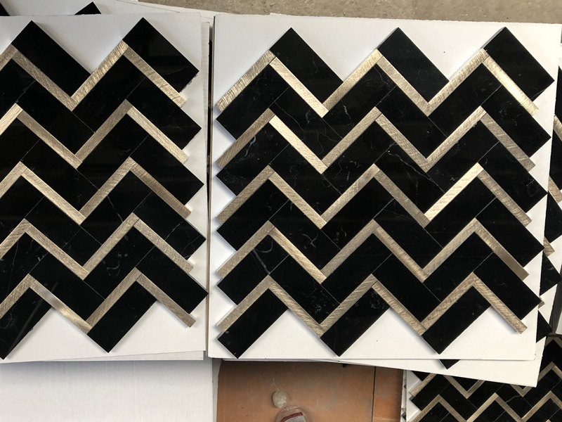 Metal Inlay Black Herringbone Marble Tile Popular Mosaic Backsplash (3)