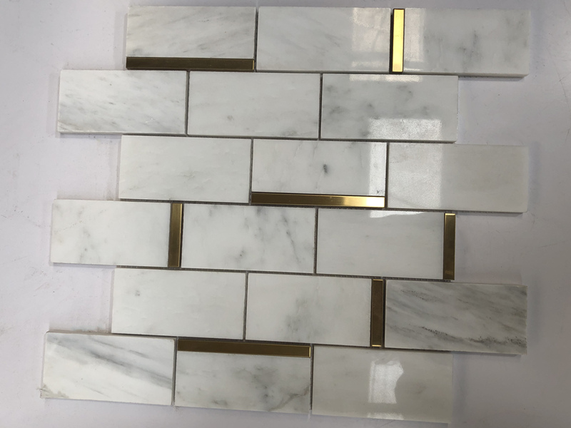 Metal Inlay Oriental White Marble Mosaic Subway Tile For WallFloor (4)