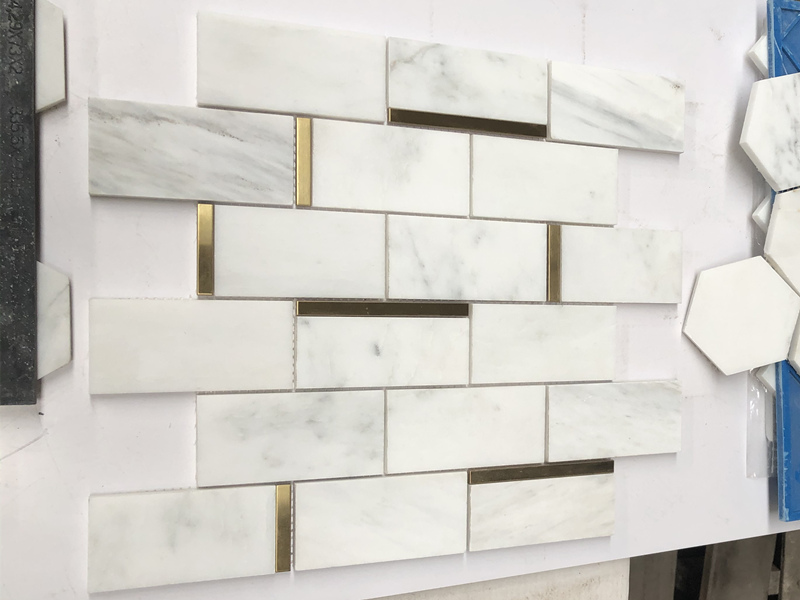 Metal Inlay Oriental White Marble Mosaic Subway Tile For WallFloor (5)