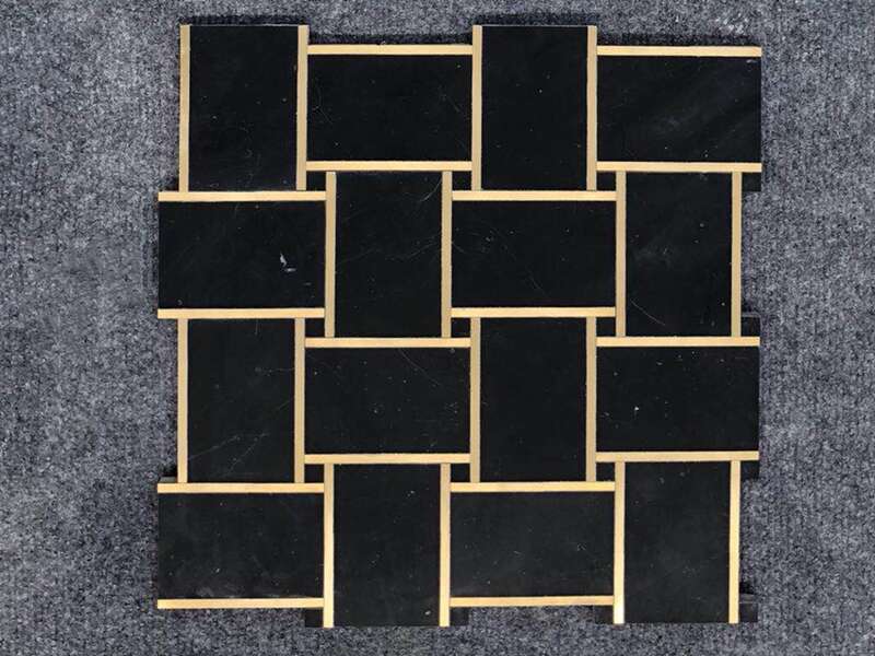 Natural Black Marble Tile With Brass Inlay Basketweave Mosaic Tile (1)