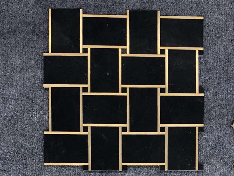 Natural Black Marble Tile With Brass Inlay Basketweave Mosaic Tile (2)