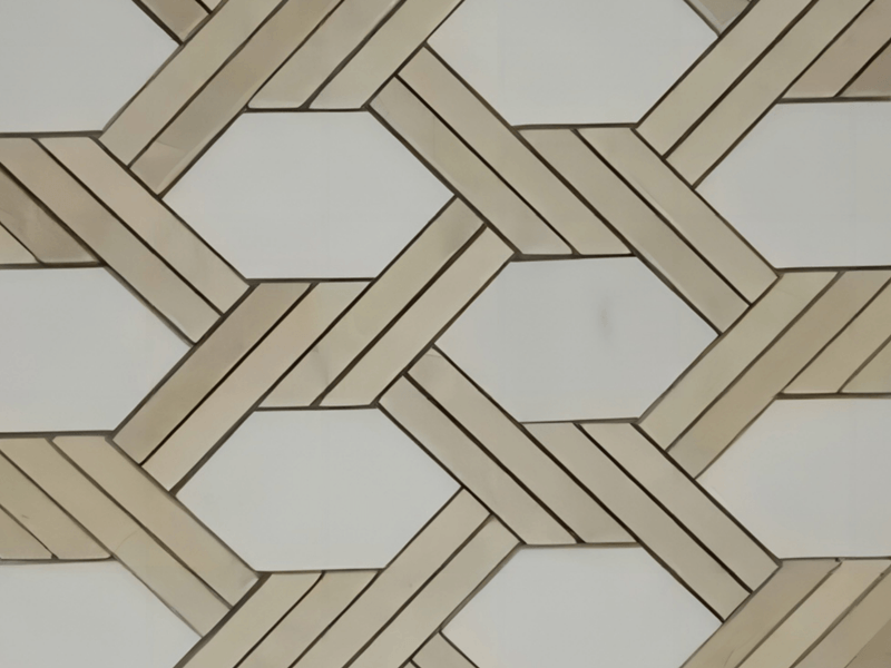 Unique Design Polished Twist Thassos White Marble And Crema Marfil Basketweave Tile (5)