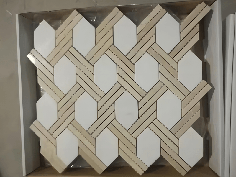 Unique Design Polished Twist Thassos White Marble And Crema Marfil Basketweave Tile (6)