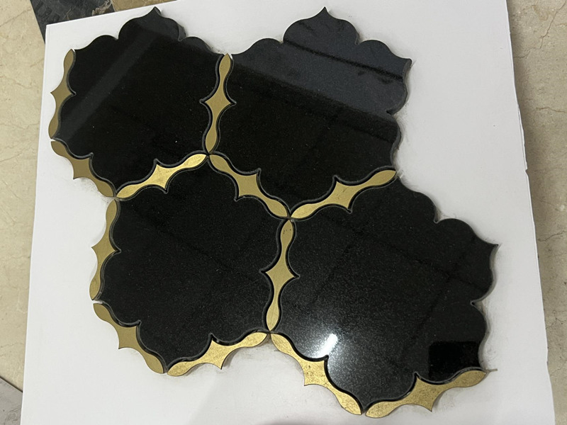 Wholesale Black Stone Mosaic Tile Waterjet Brass Inlay Tile Backsplash (4)