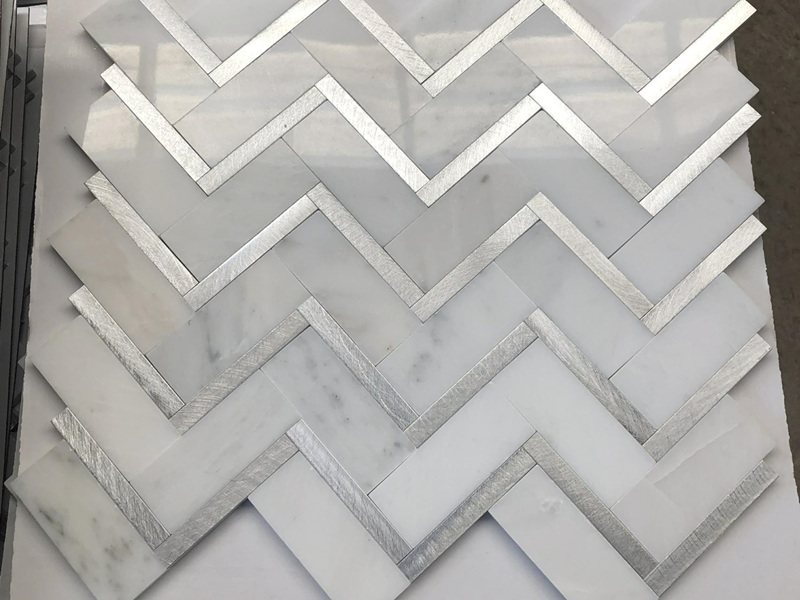 Wholesale Metal Inlay Marble Herringbone Mosaic Tile For Wall (2)